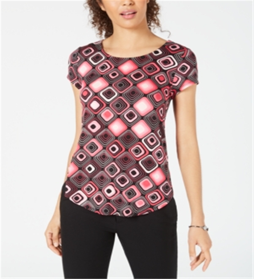 Alfani Women's Printed Round Hem T-Shirt Black Size Petite XL