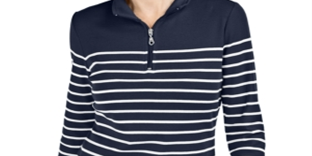 Karen Scott Women's Striped Zip Neck Top Navy Size Petite S