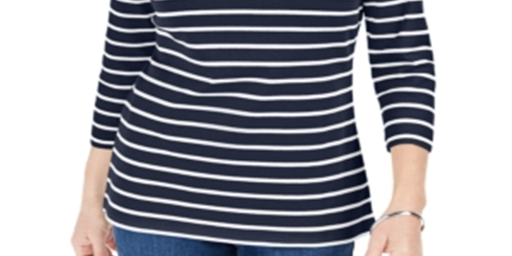 Karen Scott Women's Striped Zip Neck Top Navy Size Petite S