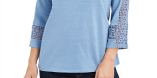 Charter Club Women's Crochet Sleeve Top Blue Size Petite Small