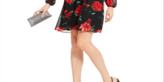 INC International Concepts Women's Rose Print Chiffon Bow Back Dress Black Size X-Large