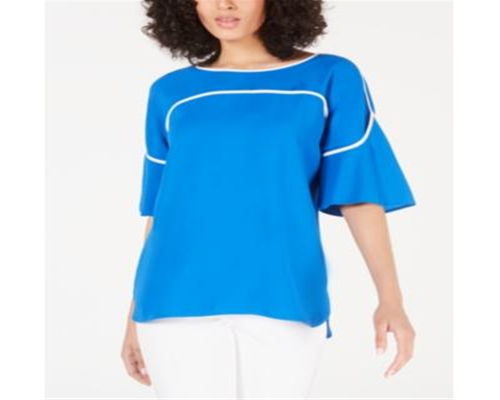 Alfani Women's Piped Flutter Sleeve Top Blue Size Petite