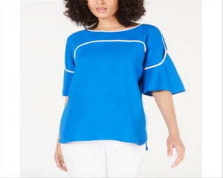 Alfani Women's Piped Flutter Sleeve Top Blue Size Petite