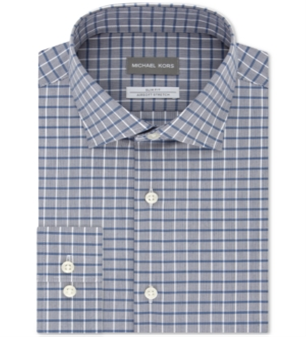 Micheal Kors Men's Slim Fit Airsoft Stretch Performance Check Dress Shirt Blue Size 15.5X34X35