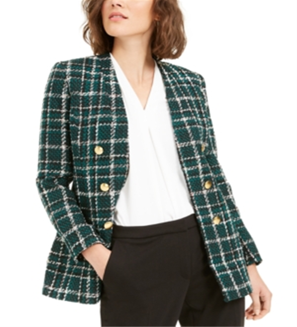Bar III Women's Plaid Open Front Double Breasted Jacket Green Size 14