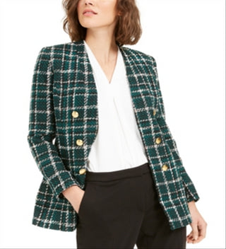 Bar III Women's Plaid Open Front Double Breasted Jacket Green Size 14