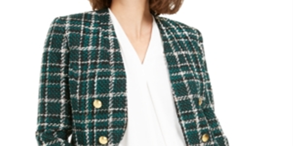 Bar III Women's Plaid Open Front Double Breasted Jacket Green Size 14