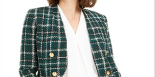 Bar III Women's Plaid Open Front Double Breasted Jacket Green Size 14