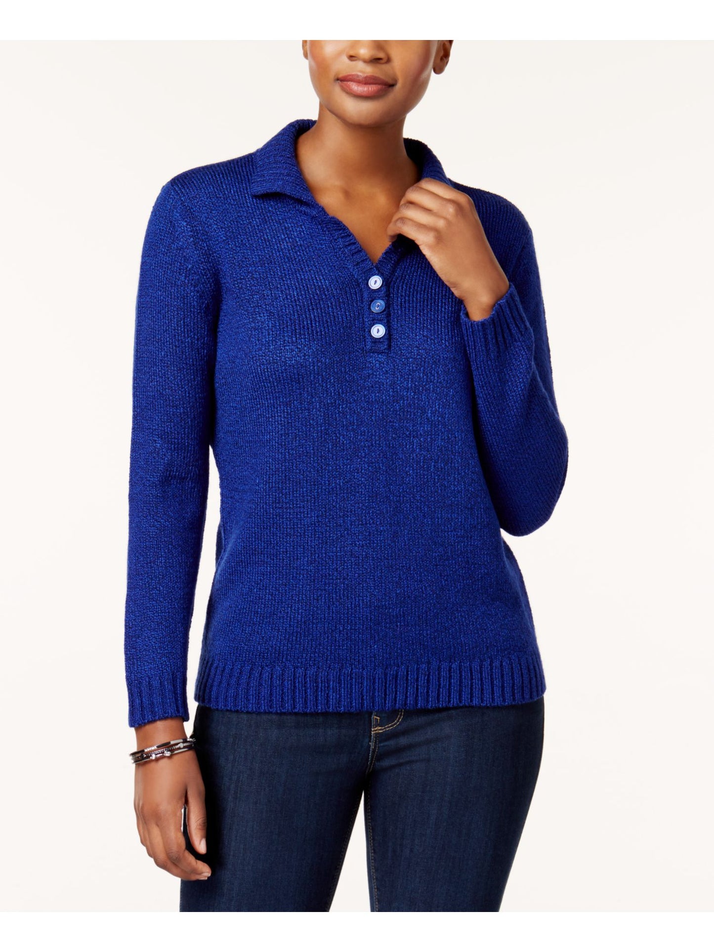 Karen Scott  Women's Button Long Sleeve Collared Sweater Blue Size Large