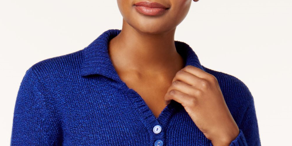 Karen Scott  Women's Button Long Sleeve Collared Sweater Blue Size Large