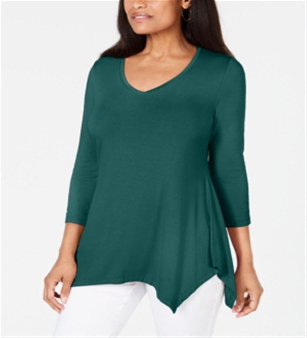 JM Collection Women's V Neck Handkerchief Hem Top Green Size Large