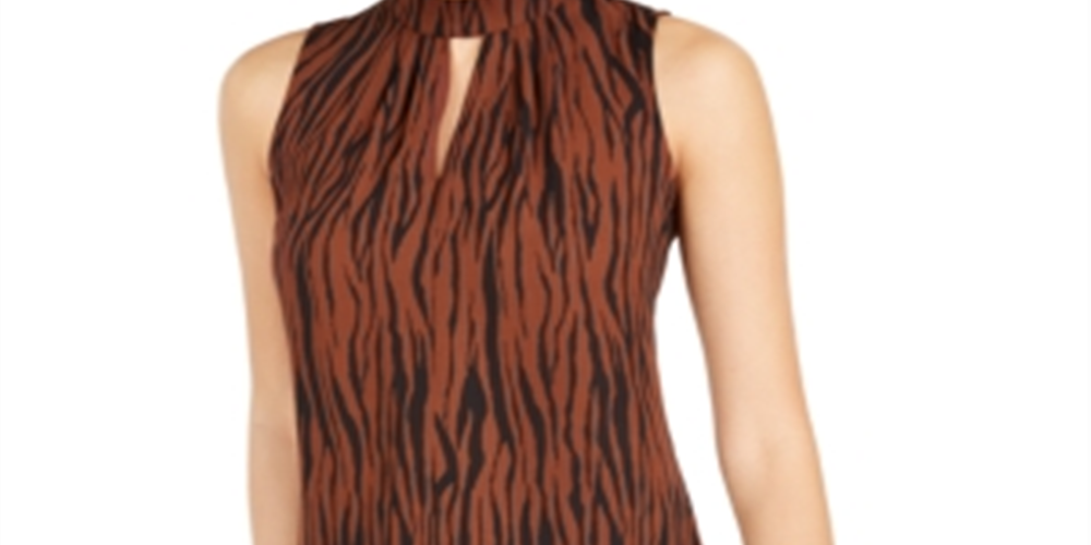 Bar III Women's Animal Print Mock Neck Keyhole Top Brown Size Small