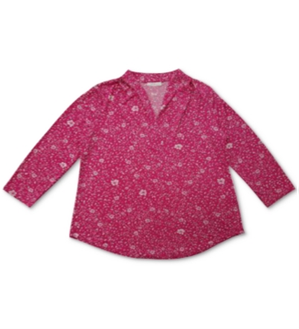 Charter Club Women's Floral Print Pleated V Neck Top Pink Size Small