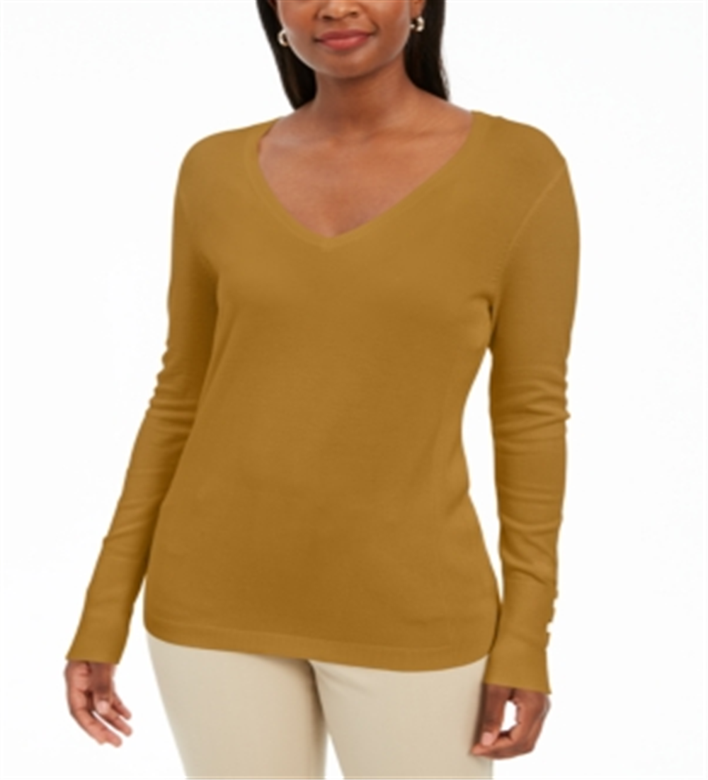 JM Collection Women's Embellished Sleeve V Neck Sweater Yellow Size X-Small