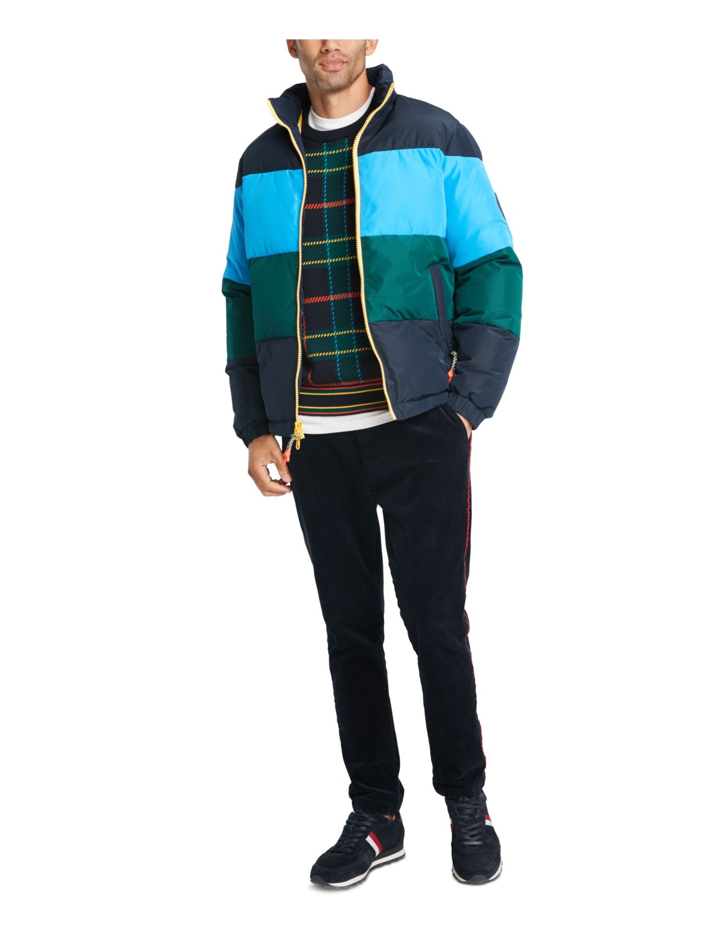 Tommy Hilfiger Women's Water Repellant Striped Puffer Coat Blue Size Large