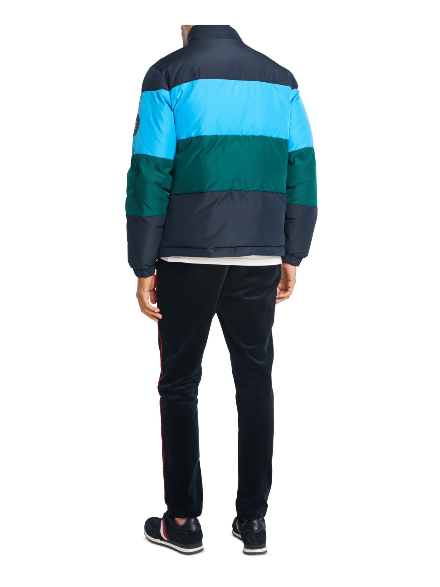 Tommy Hilfiger Women's Water Repellant Striped Puffer Coat Blue Size Large