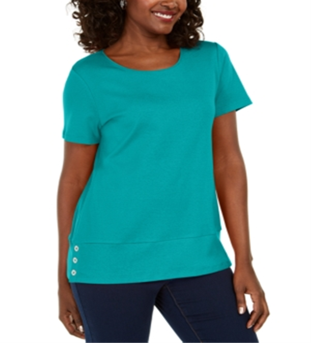 Karen Scott Women's Button Hem Scoop Neck Cotton Top Blue Size Small