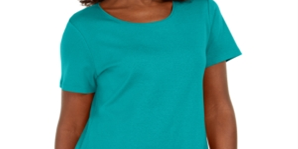 Karen Scott Women's Button Hem Scoop Neck Cotton Top Blue Size Small