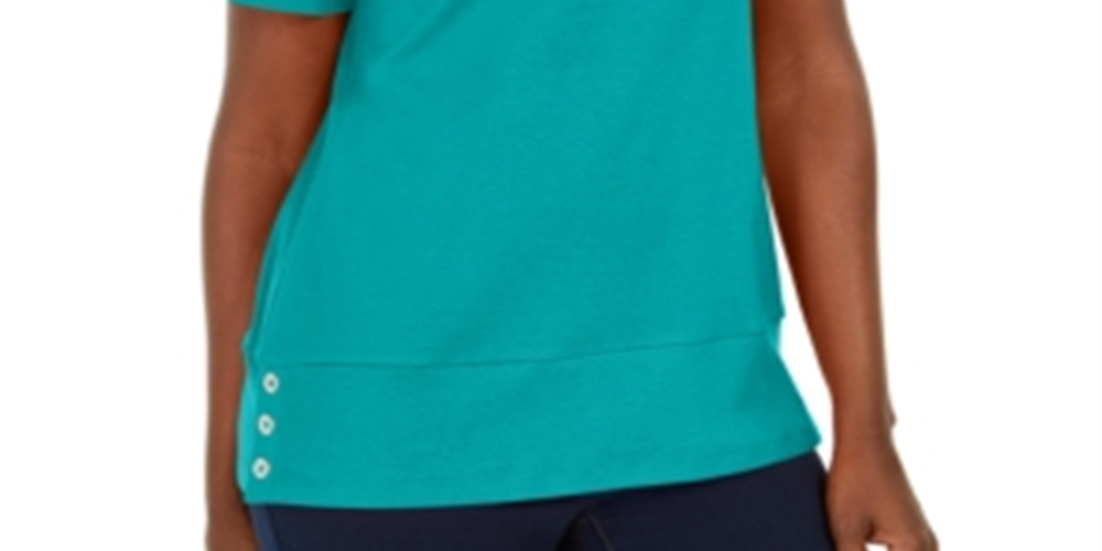 Karen Scott Women's Button Hem Scoop Neck Cotton Top Blue Size Small