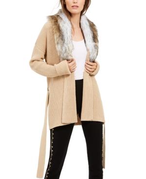 Michael Kors Women's Faux Fur Trim Cardigan Brown Size X-Small