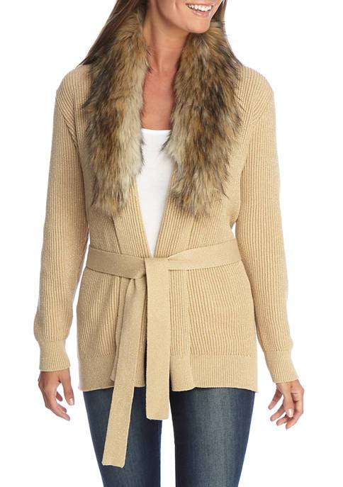 Michael Kors Women's Faux Fur Trim Cardigan Brown Size X-Small
