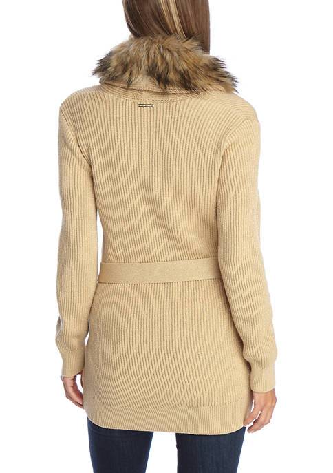 Michael Kors Women's Faux Fur Trim Cardigan Brown Size X-Small
