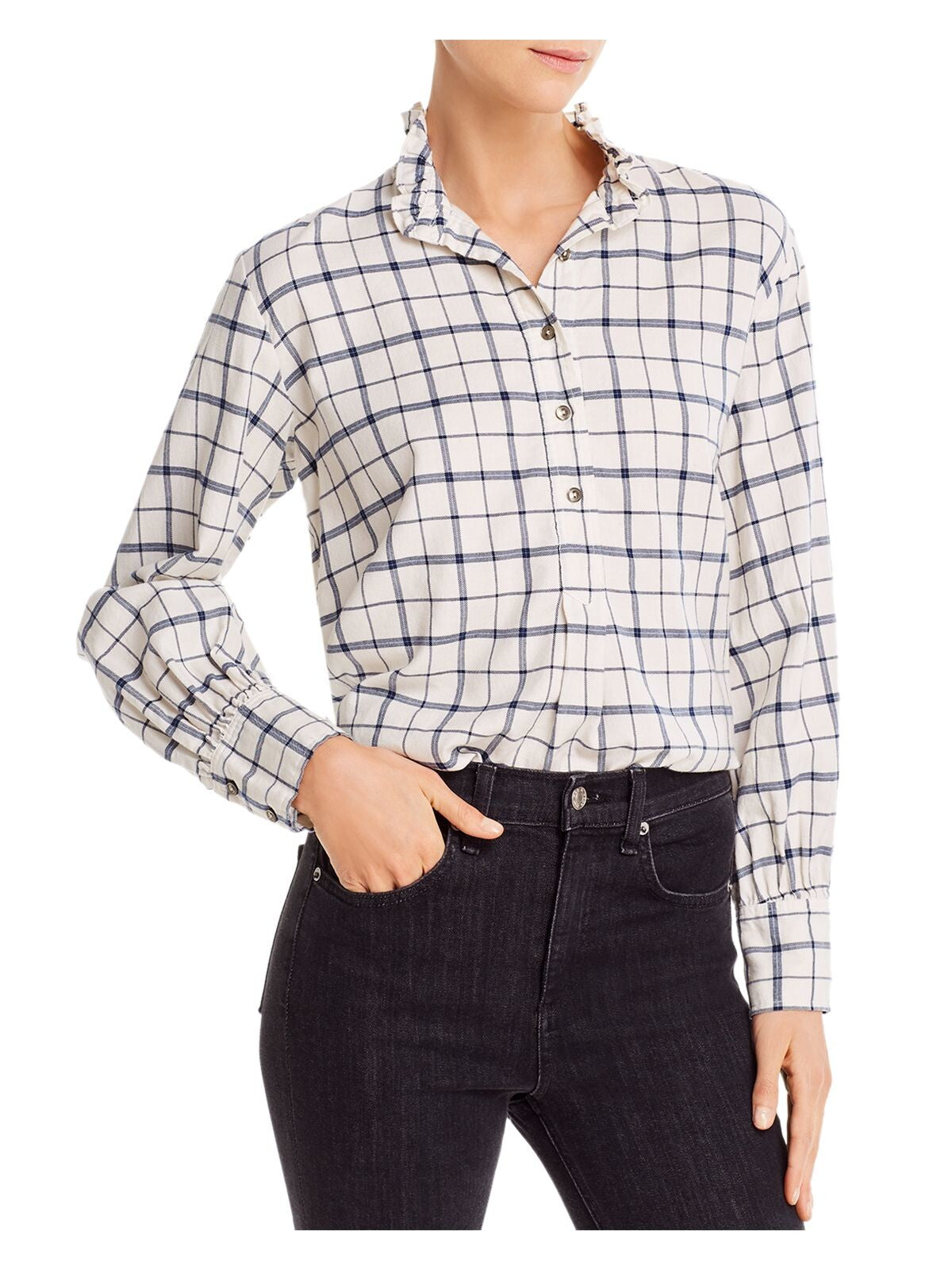 Rebecca Taylor Women's Plaid Cuffed Sleeve Collared Button up Top White Size Small