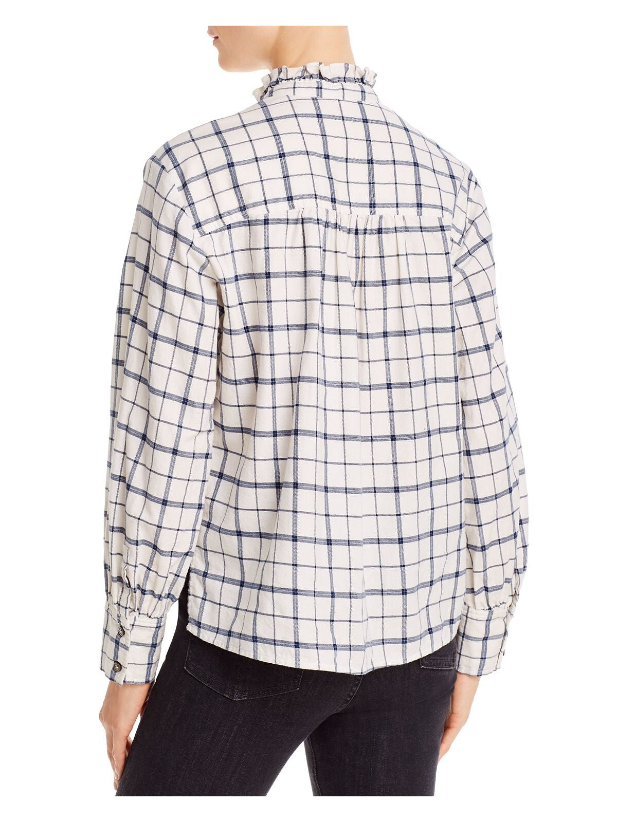 Rebecca Taylor Women's Plaid Cuffed Sleeve Collared Button up Top White Size Small