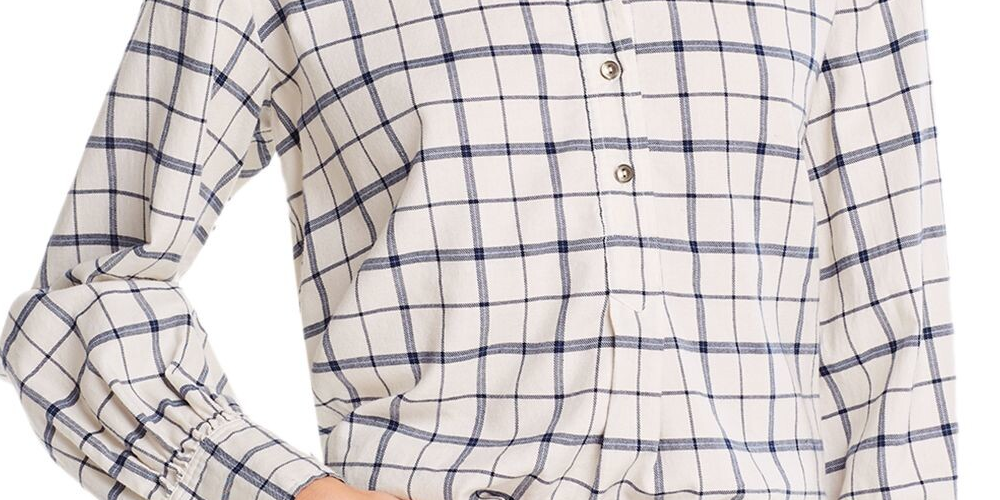Rebecca Taylor Women's Plaid Cuffed Sleeve Collared Button up Top White Size Small