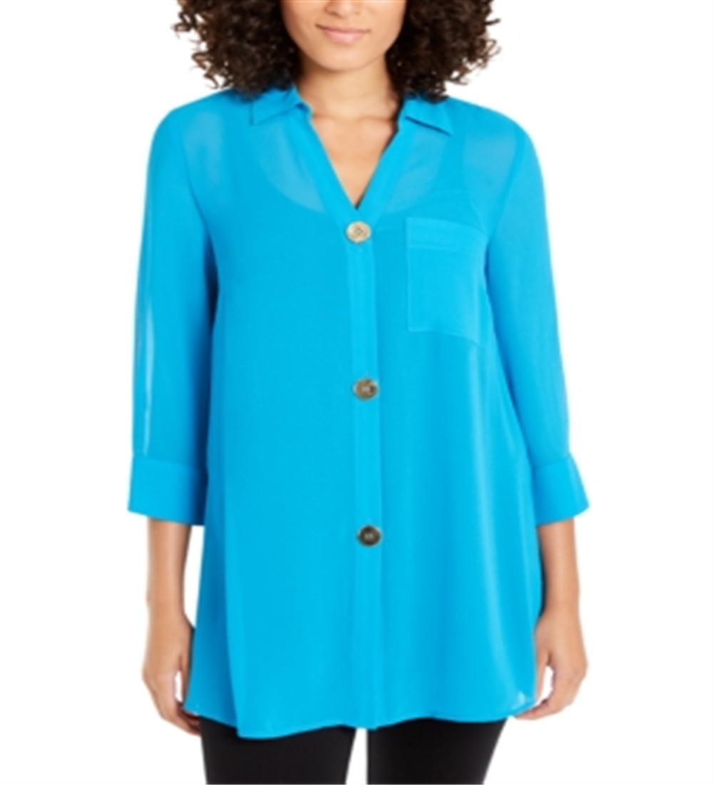 Alfani Women's Semi Sheer 3/4 Sleeve Blouse Blue Size Petite S/M