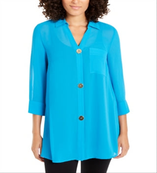 Alfani Women's Semi Sheer 3/4 Sleeve Blouse Blue Size Petite S/M