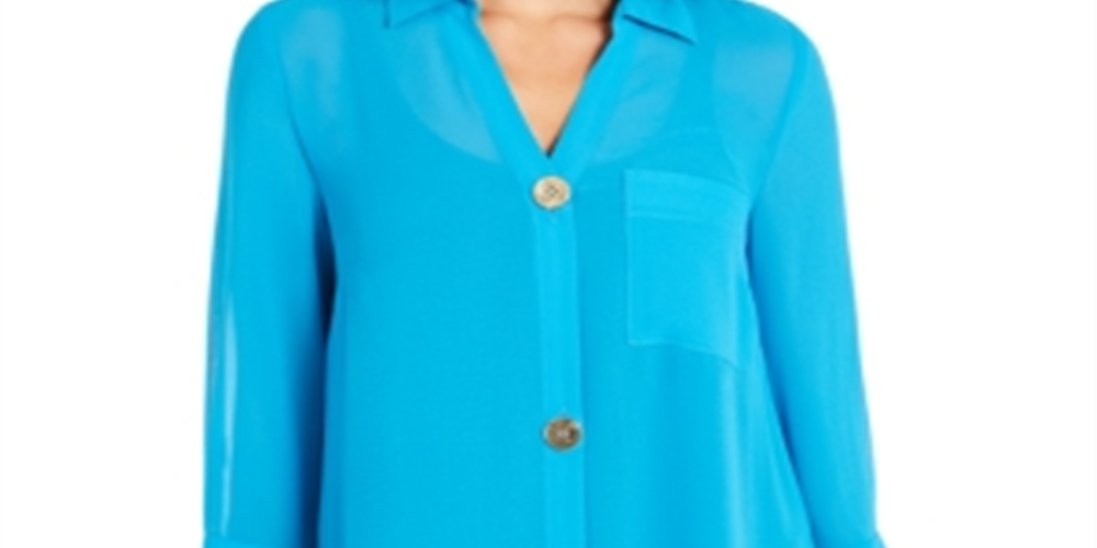 Alfani Women's Semi Sheer 3/4 Sleeve Blouse Blue Size Petite S/M