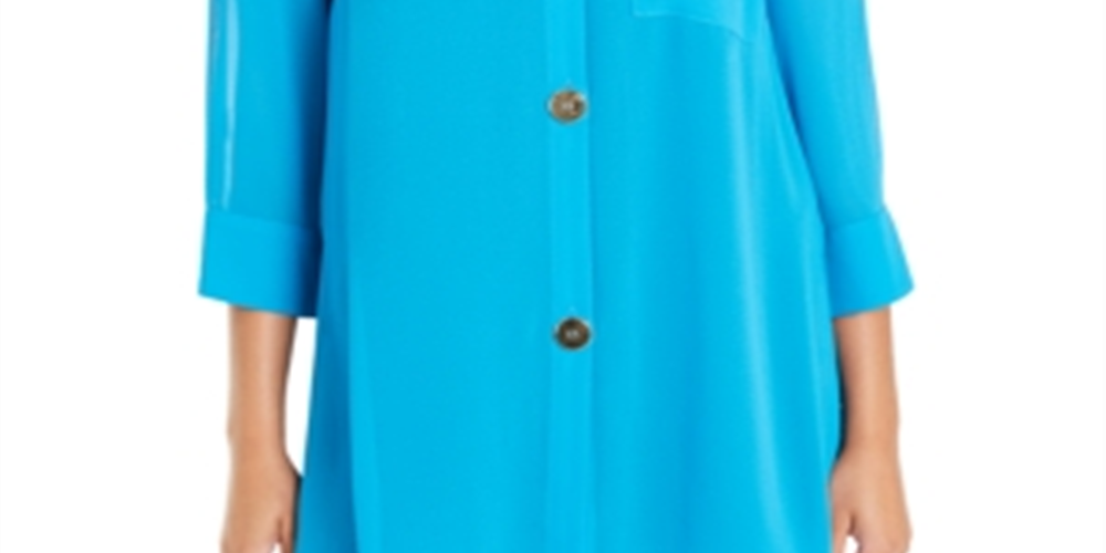 Alfani Women's Semi Sheer 3/4 Sleeve Blouse Blue Size Petite S/M