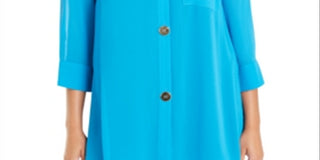 Alfani Women's Semi Sheer 3/4 Sleeve Blouse Blue Size Petite S/M