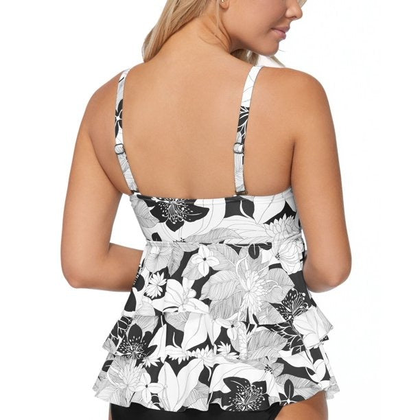 Island Escape Women's Aloha Bloom Printed Tiered Tankini Swim Top Black Size 6