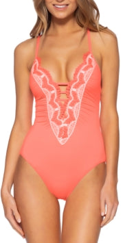 Becca by Rebecca Virtue Women's Delilah Plunge One Piece Swimsuit Pink Size Medium