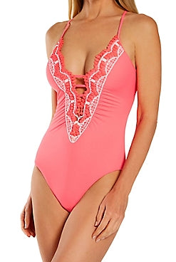 Becca by Rebecca Virtue Women's Delilah Plunge One Piece Swimsuit Pink Size Medium