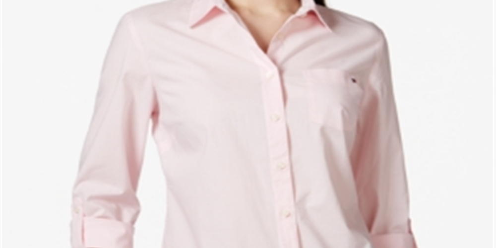 Tommy Hilfiger Women's Button Down Solid 3/4 Roll Tab Long Sleeve Top Pink Size Small