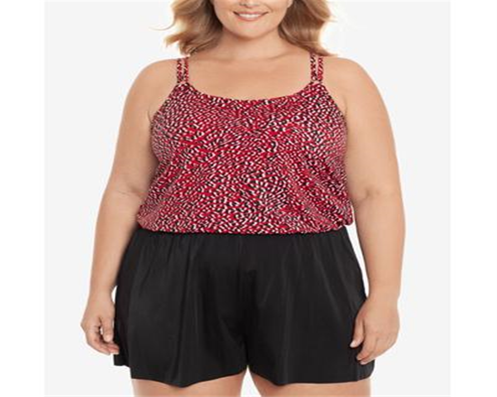Swim Solutions Women's Plus Printed Baby Spice Double Strap Tummy Control Romper Swimsuit Red Size 22W