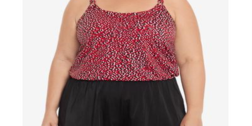 Swim Solutions Women's Plus Printed Baby Spice Double Strap Tummy Control Romper Swimsuit Red Size 22W