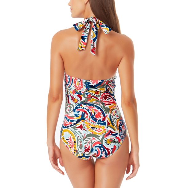 Anne Cole Women's Paisley Stretch Push up Cut Out Tie Lined Full Coverage Ring High Neck One Piece Swimsuit Red Size 12