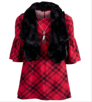 Sequin Hearts Big Girl's 3 Pc Faux Fur Vest Plaid Dress & Necklace Set Black Size 16