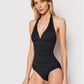 Ralph Lauren Women's Tummy Control Ruched Tie V Neck Molded Cup Adjustable Beach Club Halter Tankini Swimsuit Top Black