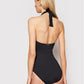 Ralph Lauren Women's Tummy Control Ruched Tie V Neck Molded Cup Adjustable Beach Club Halter Tankini Swimsuit Top Black