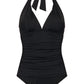 Ralph Lauren Women's Tummy Control Ruched Tie V Neck Molded Cup Adjustable Beach Club Halter Tankini Swimsuit Top Black