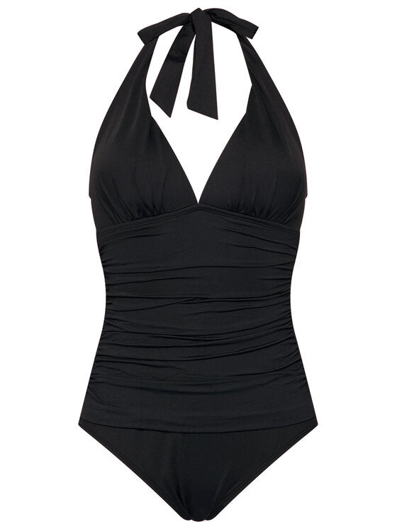 Ralph Lauren Women's Tummy Control Ruched Tie V Neck Molded Cup Adjustable Beach Club Halter Tankini Swimsuit Top Black