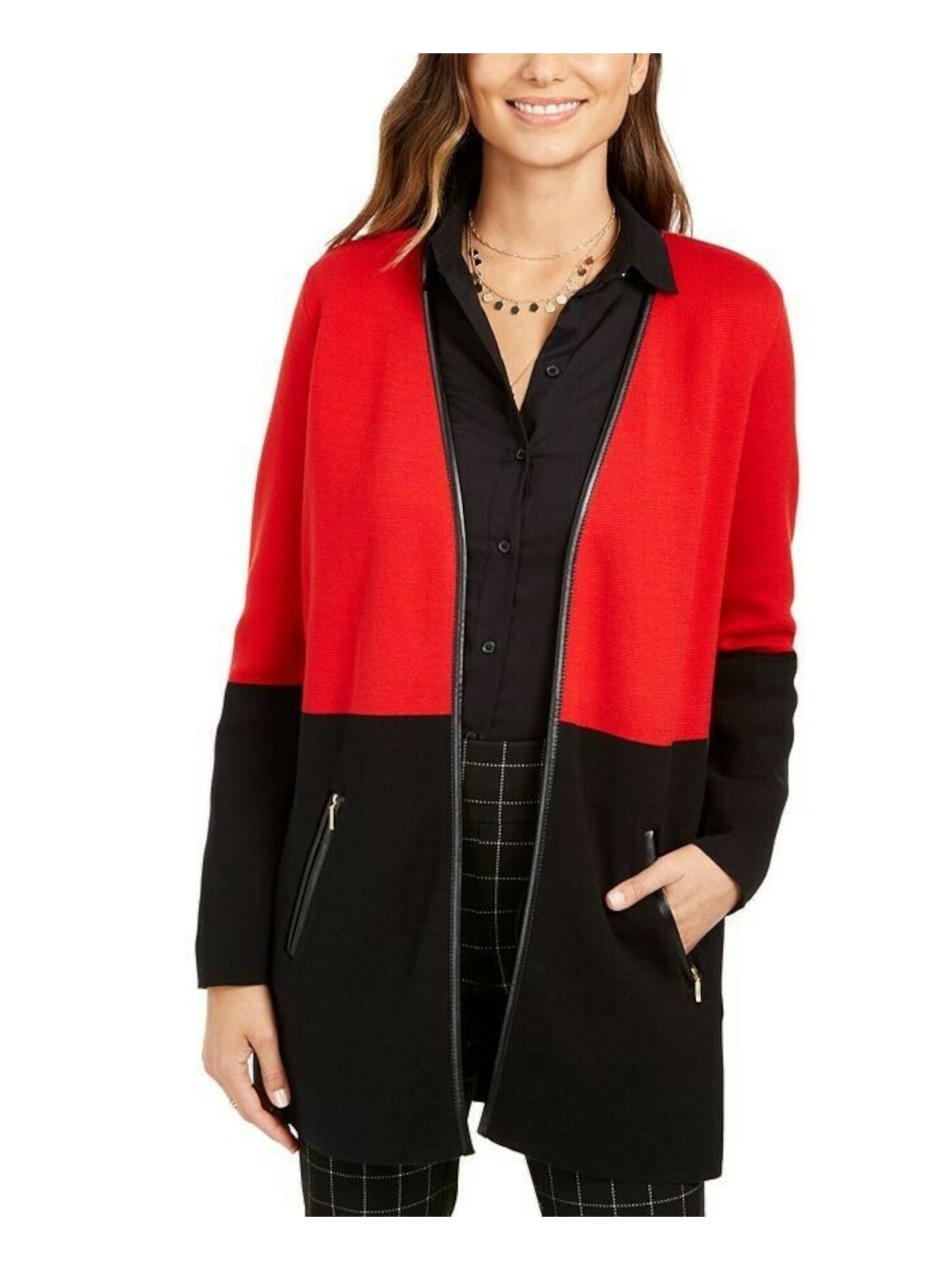 Charter Club Women's Color Block Long Sleeve Open Cardigan T-Shirt Sweater Red Size Petite Small
