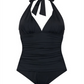 Ralph Lauren Women's Tummy Control Ruched Tie V Neck Molded Cup Adjustable Beach Club Halter Tankini Swimsuit Top Black