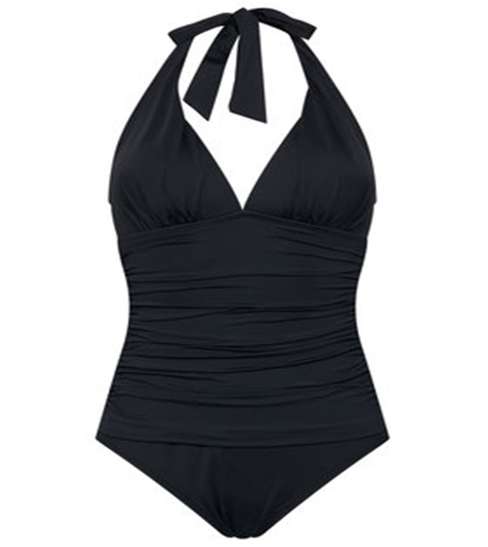 Ralph Lauren Women's Tummy Control Ruched Tie V Neck Molded Cup Adjustable Beach Club Halter Tankini Swimsuit Top Black