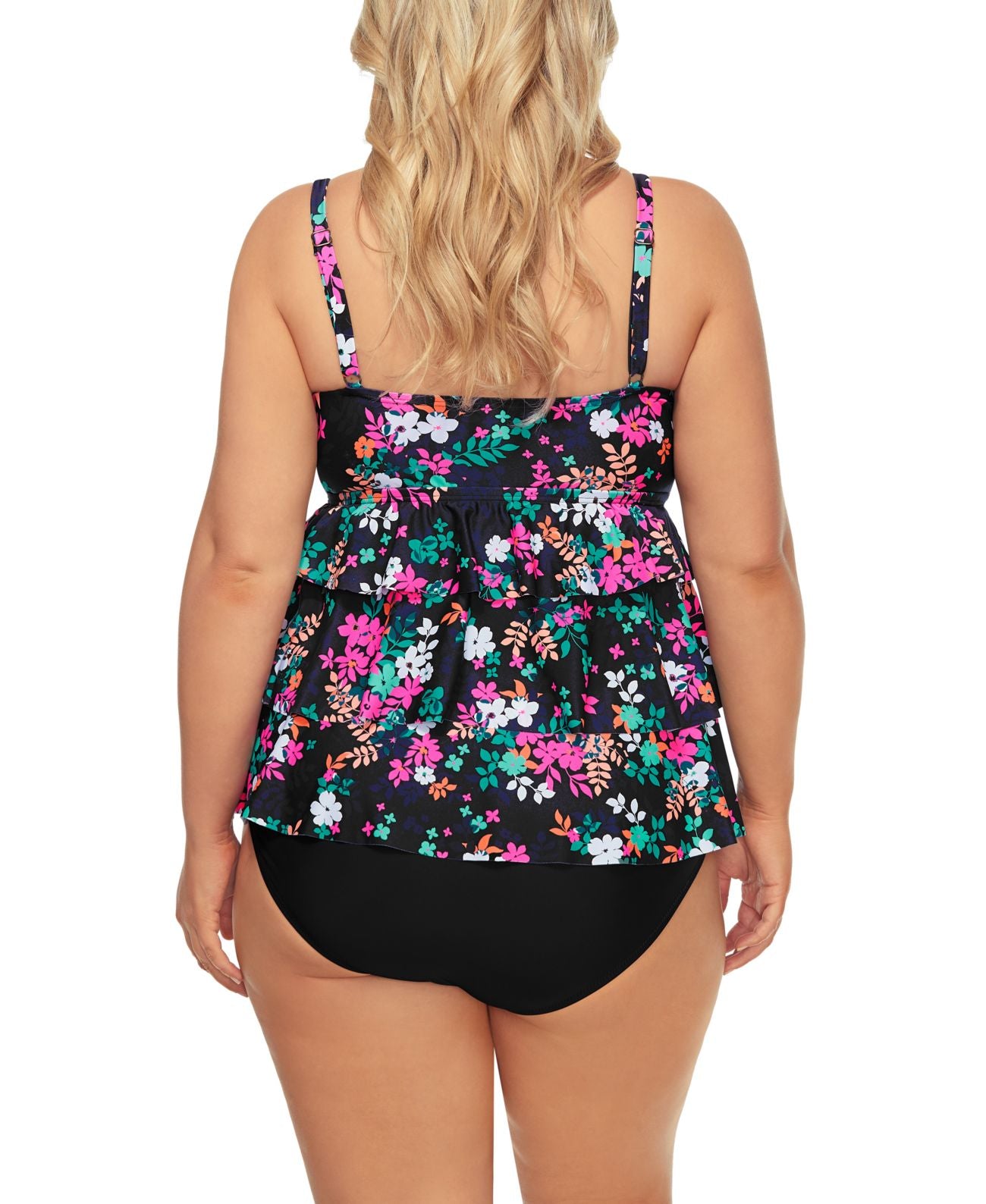 Island Escape Women's Plus Tiered Tankini Top Swimsuit Black Size 20W